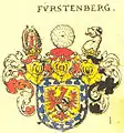 Armoiries des Fürstenberg : d'or, à la bordure nébulée d'argent sur azur, le champ ch. d'une aigle de gueules, becquée et membrée d'azur, ch. sur l'estomac d'un écusson écartelé : aux 1 et 4, de gueules, au gonfanon d'argent (Werdenberg); aux 2 et 3, d'argent, à la bande vivrée de sable (Heiligenberg). Cinq casques d'or, couronnés du même, excepté le troisième Source: Rietstap.