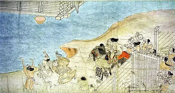 Le grenier s'envole (en haut à gauche).Section du rouleaux des légendes du mont Shigi. XIIe siècle.