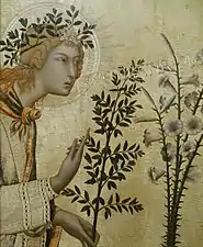 Détail de peinture. L'ange tient à la main un rameau d'olivier.