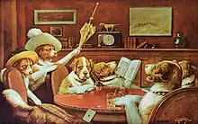 6 chiens assis autour d'une table dans un salon, deux avec un chapeau dont un tient un parapluie, un qui lit en fumant, un avec des lunettes.