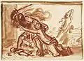 Dessin au pinceau et sanguine esquissant le tableau de Poussin