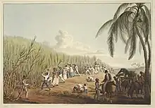 gravure couleurs.Rangée de personnages taillant à gauche, chargeant les charrettes à droite