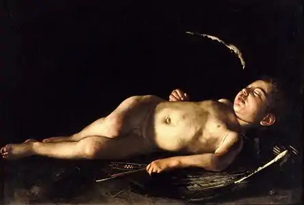 Peinture. Un enfant nu est endormi, couché sur le sol, il a des ailes dans le dos.