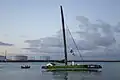 Sodebo quitte le port du Havre pour prendre le départ de la Transat Jacques Vabre 2015.