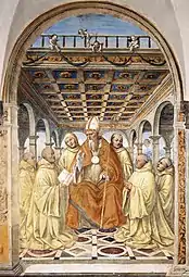 La Confirmation de l'ordre des Olivétains par l'évêque d'Arezzo (1503-1504), monastère de Sant'Anna in Camprena&nbsp;(it).