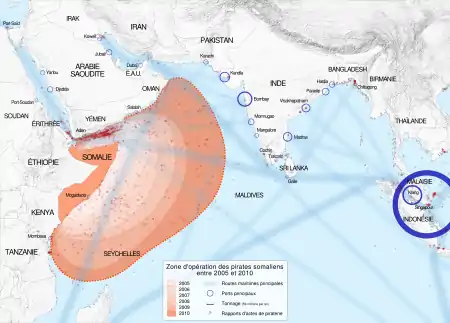 Principales routes maritimes et zone de piraterie. Celle-ci est concentrée dans le golfe d'Aden, mais s'étend très loin au large, des côtes d'Oman aux Seychelles
