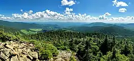 Vue d'un sommet rocheux sur des collines boisées.