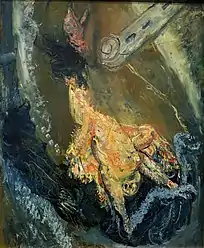 Nature morte représentant un dindon plumé sur une table, seule couleur vive dans un ensemble bleu-noir.