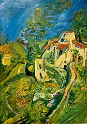 Paysage campagnard où dominent le bleu et le vert, avec sur la droite une route et un village en tons clairs.