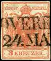 3 kreuzer; papier à la main, oblitéré à ROVERETO (Tirol)