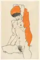 Dessin en plan américain d'une femme nue assise buste droit, bras gauche derrière sa tête enturbannée d'un long tissu