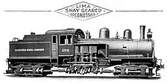 Illustration du catalogue Lima présentant une Shay de classe B de 70&nbsp;tonnes (numéro de série 2982, de 1918). Achetée par le Fairfield Steel sous le numéro 170 elle deviendra plus tard la no&nbsp;170 du Tennessee Coal, Iron and Railroad.