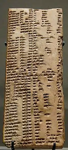Seizième tablette de la liste lexicale Urra = ḫubullu, listant les pierres et les objets en pierre. Uruk, milieu du Ier&nbsp;millénaire&nbsp;av. J.-C., musée du Louvre.