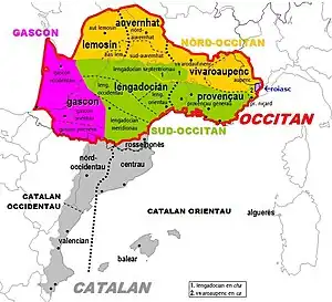Carte des dialectes du diasystème occitano-roman incluant la subdivision du gascon.