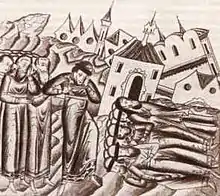 Dessin médiéval : un groupe d'individus (à gauche) détruit une ville (à droite - on voit également un groupe d'individus en position horizontale).