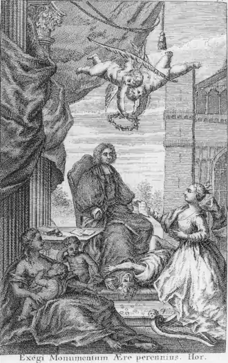 Un homme est assis sur un trône avec un document dans la main gauche. Le document est également tenu par une femme accroupie devant lui. Les pieds de l'homme sont sur un homme qui regarde vers le haut. En bas à gauche, une femme allaite un enfant et en tient un autre. En haut de la scène, deux enfants tiennent une couronne de laurier. À l'arrière-plan, on voit une cathédrale. La légende est « Exegi Monumentum Ære perennius". Hor ».