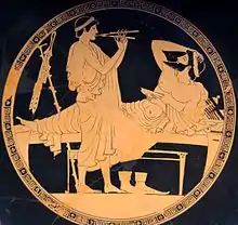 Homme banquetant diverti par un musicien, coupe à figures rouges, v.&nbsp;480 av. J.-C. Staatliche Antikensammlungen