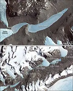 Image satellite légendée de la vallée de Taylor avec la localisation des cascades de sang.