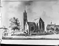 L'église au XVIIe&nbsp;siècle, avec son clocher de 60 m de haut