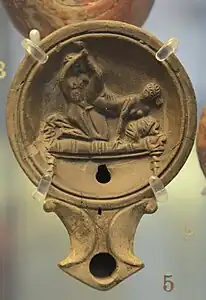 Lampe à huile en terre cuite à motif estampé. Scène érotique. Vers 10-30 EC. British Museum