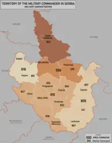 Carte indiquant les divisions administratives du territoire de la Serbie occupée par l'Allemagne nazie.