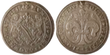 Photographie des deux faces d'une pièce représentant d'un côté deux lions entourant un blason surmonté d'une fleur de lys, et de l'autre, une fleur de lys seule, avec des inscriptions en latin : Argentoratensis nummus reip ; Flos perpetuus solius virtutis.