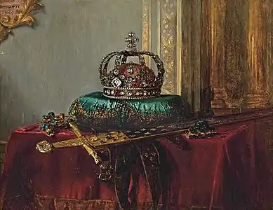 Joyeuse et d'autres regalias (tableau de Blaise Alexandre Desgoffe, XIXe siècle).