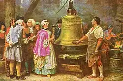 Peinture dans lequel un homme portant un tablier montre une large cloche à un groupe de personnes habillés élégamment dans le style du XVIIIe siècle. Une femme se prépare à taper sur la cloche avec un marteau.