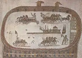 Mosaïque figurant un cirque romain et quatre équipages en train de disputer une course
