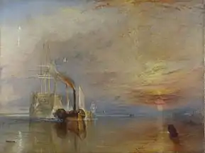 Un grand bateau est remorqué par un plus petit à vapeur. Il y a un coucher de soleil.