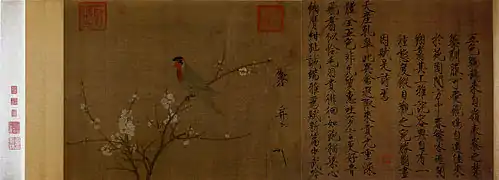 Perruche sur une branche d'abricotier en fleurs, encre et couleurs sur soie, 53,3x125,1cm.Empereur Huizong. Museum of Fine Arts, Boston