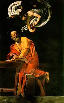 L'inspiration de saint Matthieu, Le Caravage, Rome 1602. Matthieu écrit l'évangile sous la dictée d'un ange placé dans un drapé qui a la forme d'un cerveau.