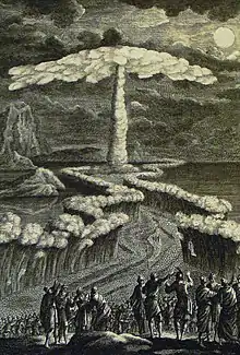 gravure noir et blanc montrant une colonne de fumée devant une mer coupée en deux