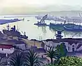 Peinture représentant derrière des maisons et des palmiers une rade avec une grue et des navires