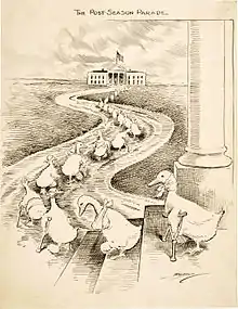 The Post-Season Parade, 1915. Les « canards boiteux » sont les Démocrates battus aux élections, en route vers la Maison-Blanche pour quémander un poste au président Woodrow Wilson.