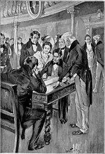 Illustration de 1900 de Samuel Morse envoyant le premier message longue distance&nbsp;(en), « What hat hath god wrought », le 24 mai 1844.