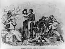 Sept hommes se trouvent sur cette illustration. À gauche, un homme blanc fume un cigare tout en observant l'esclave que lui présente le second homme blanc. Celui-ci montre tâte le visage de l'esclave qui se tient debout. Derrière l'esclave se trouvent trois marchands d'esclaves noirs, armés de fusils et en train de négocier avec un marchand blanc. Ils sont reconnaissables par leur tenue et leurs couvre-chefs.