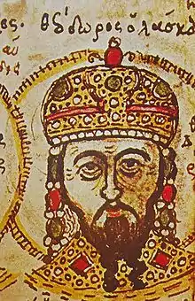 Portrait d'un homme couronné dans un manuscrit.