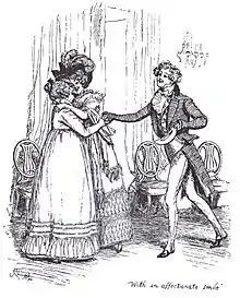 Gravure. Mrs Bennet accueille chaleureusement sa fille et son gendre