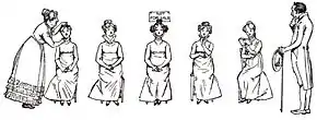 gravure. Un monsieur dubitatif contemple 5 demoiselles assises dont l'une n'est « pas à vendre »