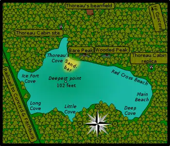 Carte de l'étang de Walden présentant, tout autour du plan d'eau, les sites relatifs au passage de Henry David Thoreau : la baie qui porte son nom, le site de sa cabane, celui où sa cabane fut reconstituée et le site où il cultive ses haricots. Une rose des vents en bas de la carte permet de donner la direction. Une flèche en haut indique que le village de Concord est au nord. Sur la gauche, la ligne ferroviaire Concord-Fitchburg passe à proximité de l'étang.