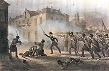 Peinture à l'huile représentant le Prince d'Orange qui, sabre au clair, mène ses hommes au combat.