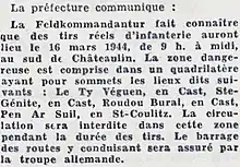 Communiqué de la kommandantur transmis par la préfecture du Finistère annonçant des exercices de tirs de l'infanterie allemande sur le territoire des communes de Cast et Saint-Coulitz.( Journal "La Dépêche de Brest et de l'Ouest" du 14 mars 1944).