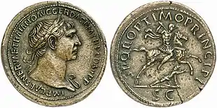 pièce de monnaie ; d'un côté, un homme de profil ceint de laurier, et entouré d'inscriptions ; de l'autre, un homme sur un cheval au galop avec un second homme sous le cheval qui tend la main.