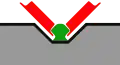 Schéma du système de guidage du Translohr. On remarque que les roues (en rouge) ne peuvent pas se libérer du rail de guidage (en vert) et sont en conséquence non débrayables.