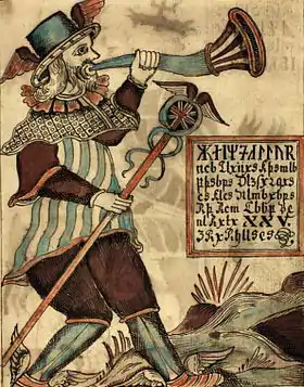 Heimdall sonnant du cor, représentation sur un manuscrit du XVIIIe siècle.