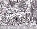 Le Sabbat des sorcières, gravure accompagnant le pamphlet de 1594 relatif au procès des sorcières de Treves. Une main de gloire est au dessus de la cheminée , une autre dans le cercle magique