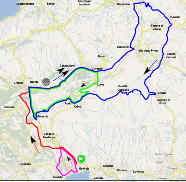 Circuit dans la ville de départ, parcouru une foisParcours principalGrand circuit, parcouru une foisPetit circuit, parcouru quatre fois