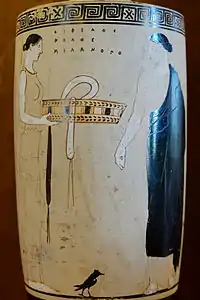 Femme et servante, lécythe attique avec un fond blanc.