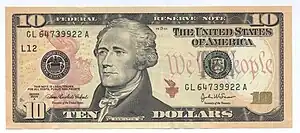 Billet de banque américain de 2004 à l'effigie d'Alexander Hamilton, basé sur un portrait de 1805 par John Trumbull.